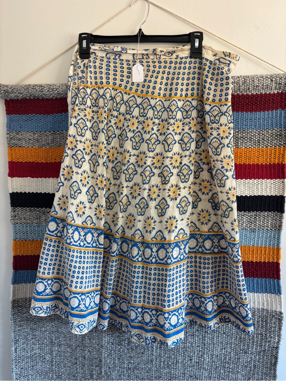 Vintage Boho Blue and Cream Patterned Midi Wrap Skirt